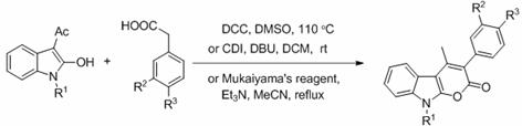 Comparison of prior art synthesis routes for pyrano[2,3-b]indol-2-one skeletons