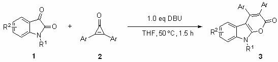 Reaction scheme showing DBU-promoted synthesis of pyrano[2,3-b]indol-2-one from isatin and cyclopropenone