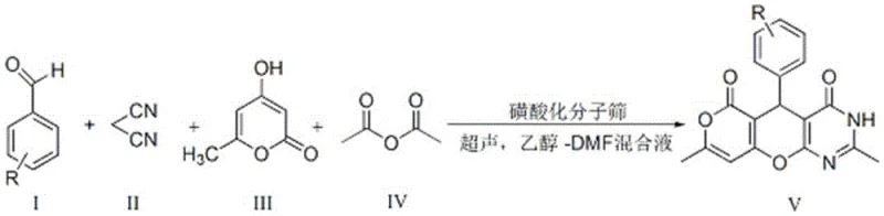 Reaction scheme showing the one-pot four-component synthesis of pyrano[2,3-d]pyrimidone derivatives catalyzed by sulfonated molecular sieve