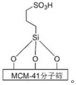 Chemical structure of the sulfonated MCM-41 molecular sieve catalyst showing propyl sulfonic acid groups