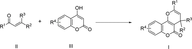General reaction scheme showing the synthesis of pyranocoumarin derivatives from alpha,beta-unsaturated ketones and 4-hydroxycoumarins using metal catalysts