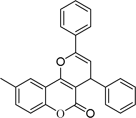 Chemical structure of a high-yield pyranocoumarin derivative example showing 98% yield