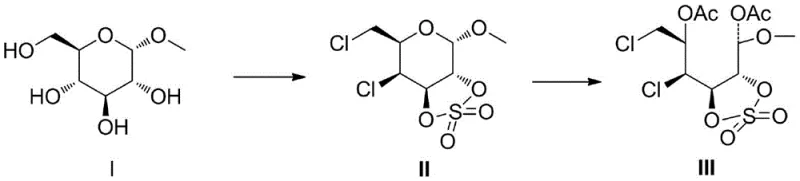 Synthetic route showing conversion of methyl-alpha-D-glucopyranoside to open-chain derivative via sulfonate intermediate