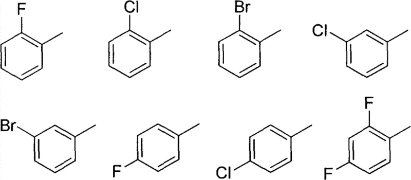 List of variable R groups including halogen-substituted benzyl derivatives