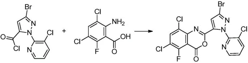 Cyclization reaction forming the benzoxazinone core from acyl chloride and anthranilic acid derivative