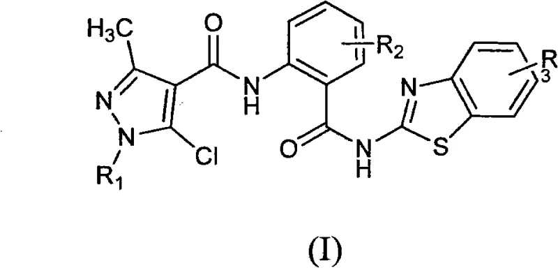 General chemical structure of N-(2-(substituted benzothiazole-2-carbamoyl)-phenyl)-substituted pyrazole carboxamides showing variable R groups