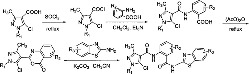 Four-step synthetic route showing chlorination, acylation, cyclization to benzoxazinone, and ring-opening with benzothiazole amine
