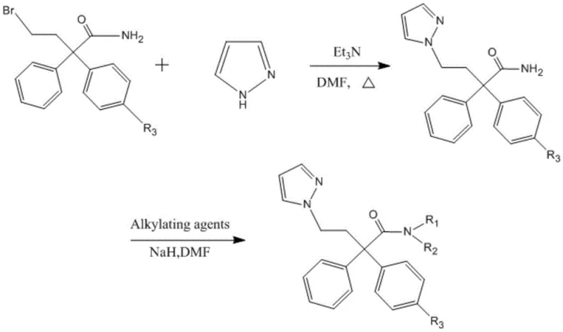 General synthetic route for pyrazole derivatives showing nucleophilic substitution and alkylation steps