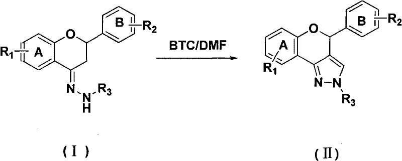 Reaction scheme showing the conversion of flavanone-4-hydrazone to pyrazolo-flavonoid using BTC and DMF