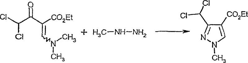 Cyclization reaction converting the aminoacrylate intermediate into 3-(dichloromethyl)-1-methyl-1H-pyrazole-4-carboxylic acid ethyl ester