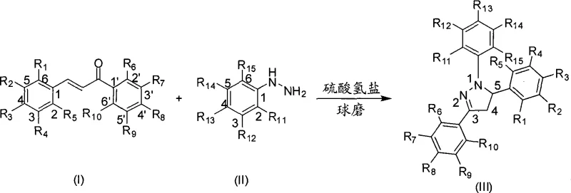 General reaction scheme showing the mechanochemical synthesis of 1,3,5-triaryl-2-pyrazolines from chalcones and phenylhydrazines using bisulfate catalysts