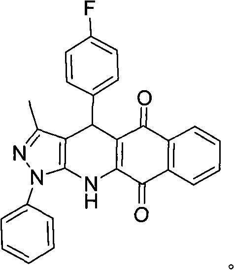 Chemical structure of 4,11-dihydro-4-(4-fluorophenyl)-3-methyl-1-phenyl-1H-benzo[h]pyrazolo[3,4-b]quinoline-5,10-dione