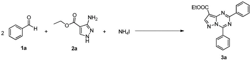 Specific synthesis example of compound 3a from benzaldehyde and ethyl 3-aminopyrazole-4-carboxylate