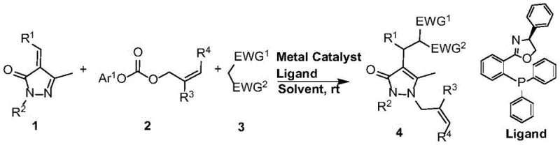 General reaction scheme showing the three-component coupling of pyrazolone olefin, aryl allyl carbonate, and active methylene compound catalyzed by Pd and Ligand