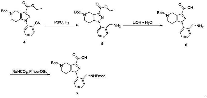 Downstream functionalization including nitrile reduction and Fmoc protection