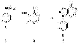 General reaction scheme for the synthesis of 2-(4-substituted phenyl)-4-chloro-2H-pyrazolo[3,4-d]pyrimidine derivatives from phenylhydrazine and dichloropyrimidine carbaldehyde