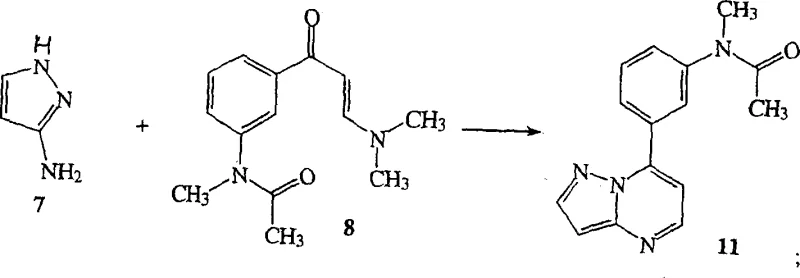 Reaction Scheme 1 detailing bromination, cyclization with enaminone, and subsequent coupling to form Compound 1