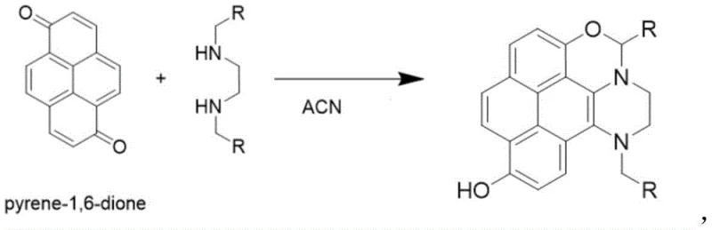 Reaction scheme showing the one-step Michael addition of pyrene-1,6-dione with ethylenediamine derivatives to form fluorescent compounds