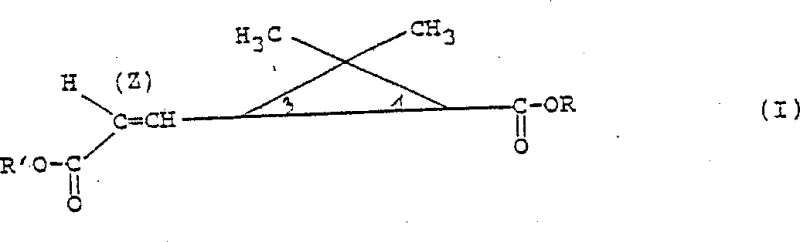 General chemical structure of Formula I showing the 2,2-dimethyl-3-[(Z)-1-propenyl]cyclopropane core with variable ester groups R