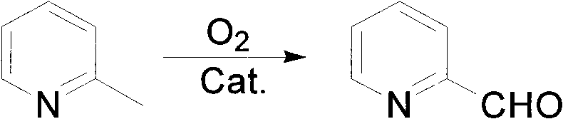 Chemical reaction scheme showing the catalytic gas-phase oxidation of 2-methylpyridine to pyridine-2-carbaldehyde using oxygen