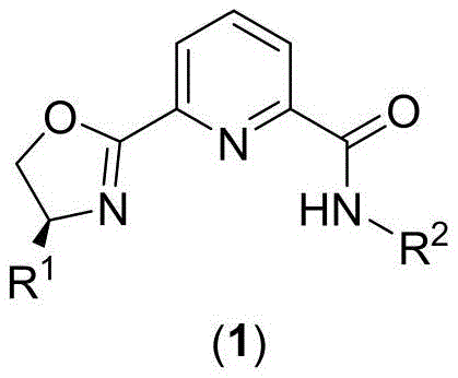 General chemical structure of the pyridine-amide-oxazoline ligand Formula 1 showing variable R1 and R2 groups