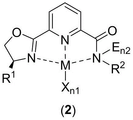 General structure of the metal complex Formula 2 showing tridentate coordination to metal M