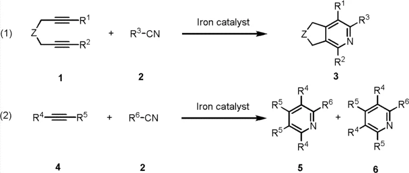 General reaction scheme showing iron catalyzed cycloaddition of diynes and nitriles to form pyridine derivatives