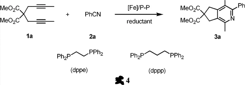 Specific example of iron catalyzed reaction showing ligand structures dppe and dppp