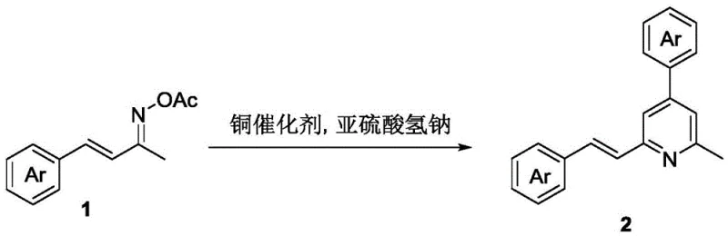 General reaction scheme showing copper-catalyzed conversion of oxime ester to substituted pyridine