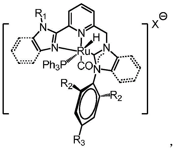 General chemical structure of the novel pyridine-bridged N-heterocyclic carbene triphenylphosphine ruthenium hydrochloride catalyst showing variable R groups and counter ions