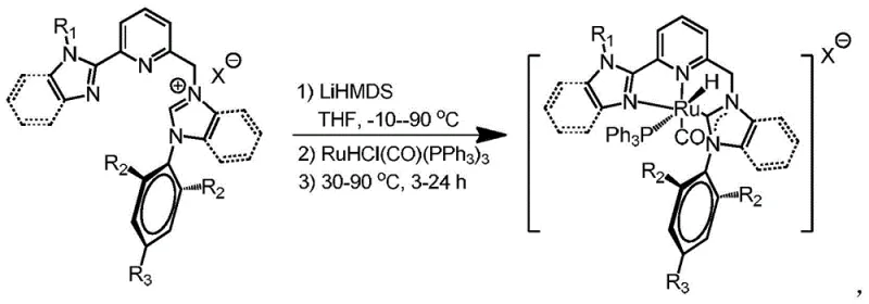 Synthesis reaction scheme showing the formation of the ruthenium catalyst from imidazolium salt precursor and RuHCl(CO)(PPh3)3