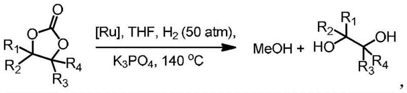Catalytic application reaction scheme showing the hydrogenation of cyclic carbonate to methanol and diol using the ruthenium catalyst