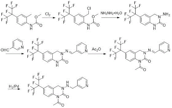 Prior art linear synthesis route for pyridine quinazoline showing multiple steps and expensive reagents