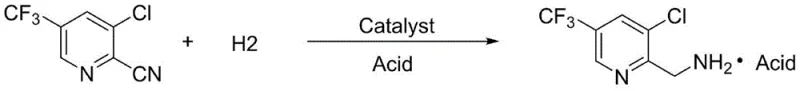 Reaction scheme showing catalytic hydrogenation of 2-cyano-3-chloro-5-trifluoromethylpyridine residue to 2-methylamino-3-chloro-5-trifluoromethylpyridine acid salt