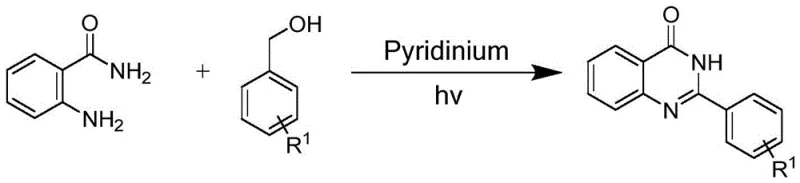 General reaction scheme for synthesizing quinazolinone derivatives using pyridinium photocatalyst