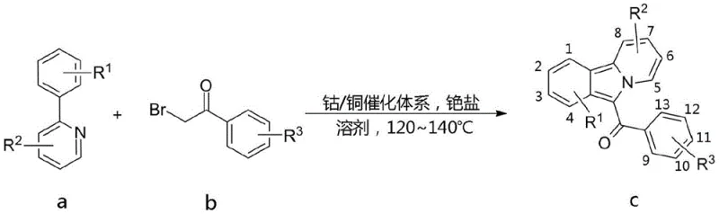 General reaction scheme for Co/Cu catalyzed synthesis of pyrido[2,1-a]isoindoles from phenylpyridines