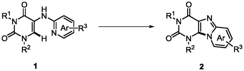General reaction scheme for electrochemical synthesis of polysubstituted pyrido purine compounds from N1,N3-disubstituted precursors