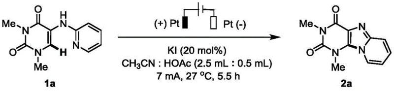 Electrochemical reaction conditions for synthesizing pyrido purine derivative 2a from substrate 1a using KI catalyst and Pt electrodes