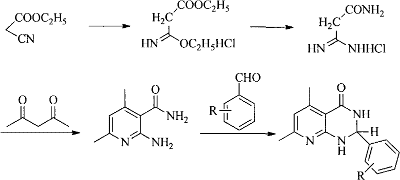 Complex multi-step prior art synthesis route starting from ethyl cyanoacetate showing low efficiency