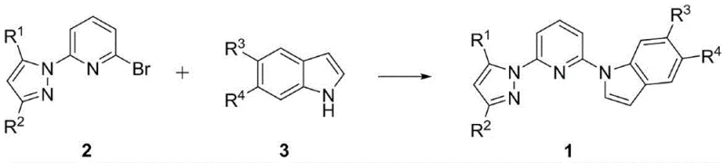 General synthesis scheme of pyridyl bridged pyrazolyl indole derivatives via copper-catalyzed substitution