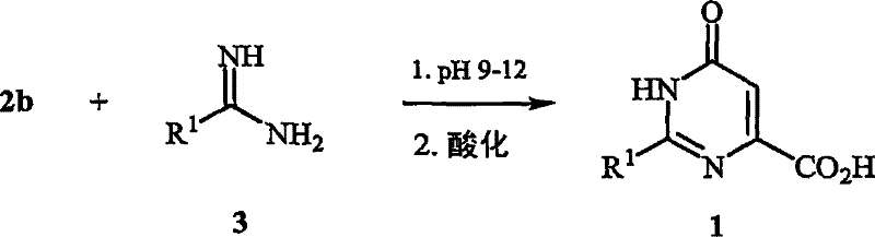Reaction scheme showing the cyclization of formula 2b monoester salt with formula 3 formamidine to produce formula 1 pyrimidine carboxylic acid under pH 9-12 conditions