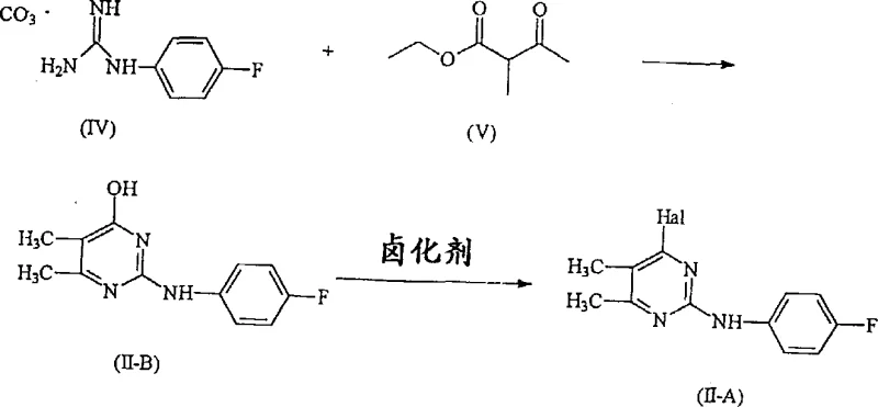 Synthesis of halogenated pyrimidine intermediate II-A from guanidine derivative IV and beta-keto ester V