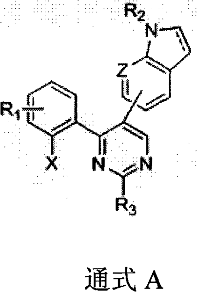 General Formula A showing the core pyrimidine-indole scaffold with variable substituents R1, R2, R3, X, and Z
