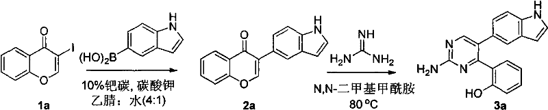 Two-step synthesis of compound 3a involving Suzuki coupling followed by guanidine condensation