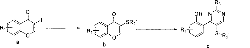 Synthetic route from 3-iodochromone to pyrimidine derivatives via thio-substitution and amidine condensation