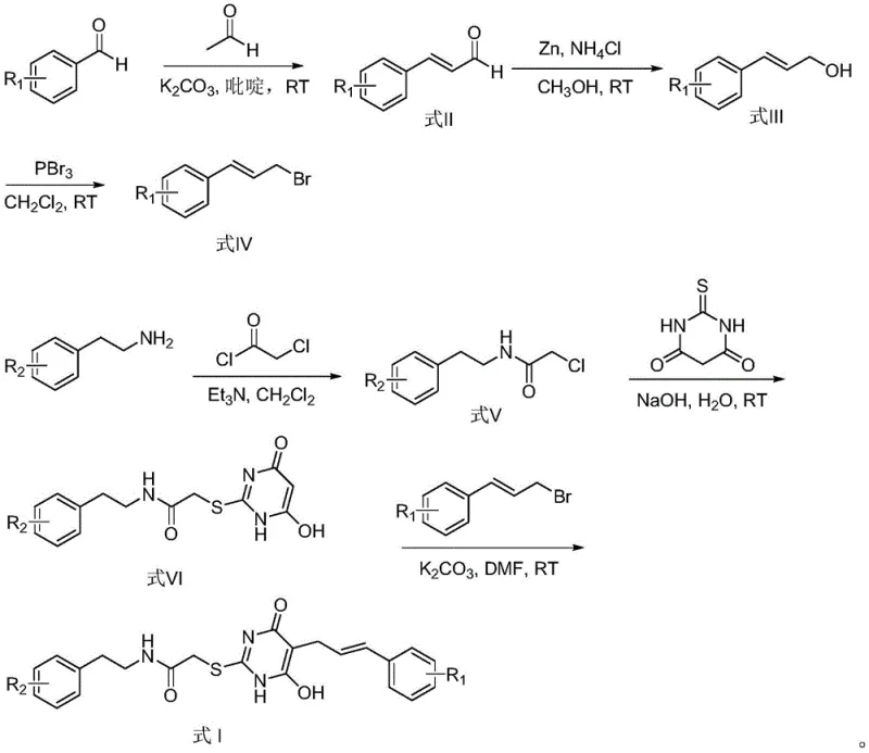 Complete synthetic reaction scheme showing the six-step preparation of Formula I from benzaldehyde and phenethylamine derivatives