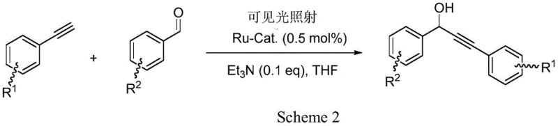 General scheme of visible-light catalyzed addition of terminal alkyne to aromatic aldehyde