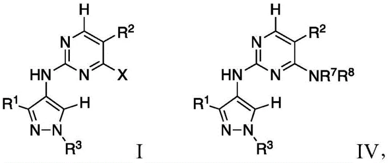 General chemical structures of Formula I and IV pyrimidinyl-4-aminopyrazole compounds used as LRRK2 inhibitors