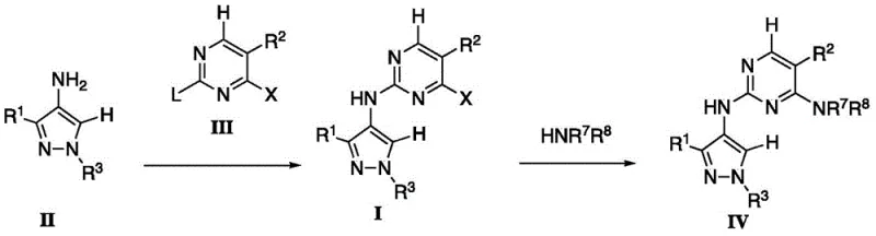 Reaction scheme showing the coupling of aminopyrazole intermediate II with pyrimidine intermediate III to form compound I