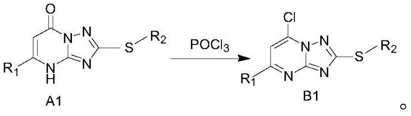 Preparation route of compound B1 from A1 using phosphorus oxychloride for chlorination
